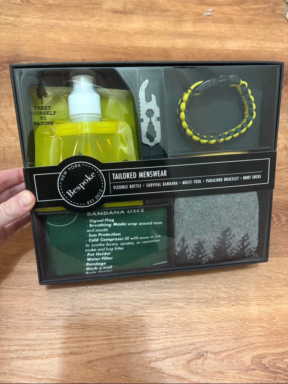 NWT Bespoke Survival Kit Bottle, Bandana, Tool, Bracelet, Socks Fathers Day 2026